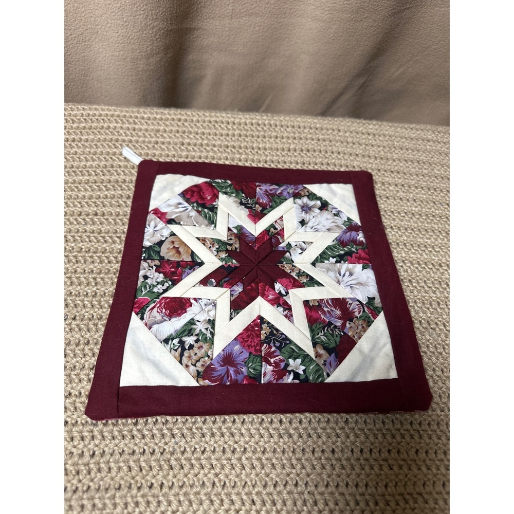 Handmade Quilted Pot Holder Burgundy Floral Folded Star Patchwork 8.5in Square